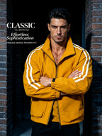 A Spring-Autumn Men'S Multi-Pocket Striped Sports Coat, a High-Quality School-Style Dress Shirt with a Campus Feel, a Comfortable Casual Windproof Jacket for Daily Use, a Stylish Bold Stripe Design for Street Fashion, And an Affordable Jacket - Golden