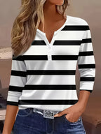 Women's Fashion New Spring/Summer Striped Print V-Neck Button-Up Three-Quarter Sleeve Loose Fit Casual Top Base Tee, Comfortable and Stylish - Suitable for Daily Wear and Home - Mixed colors