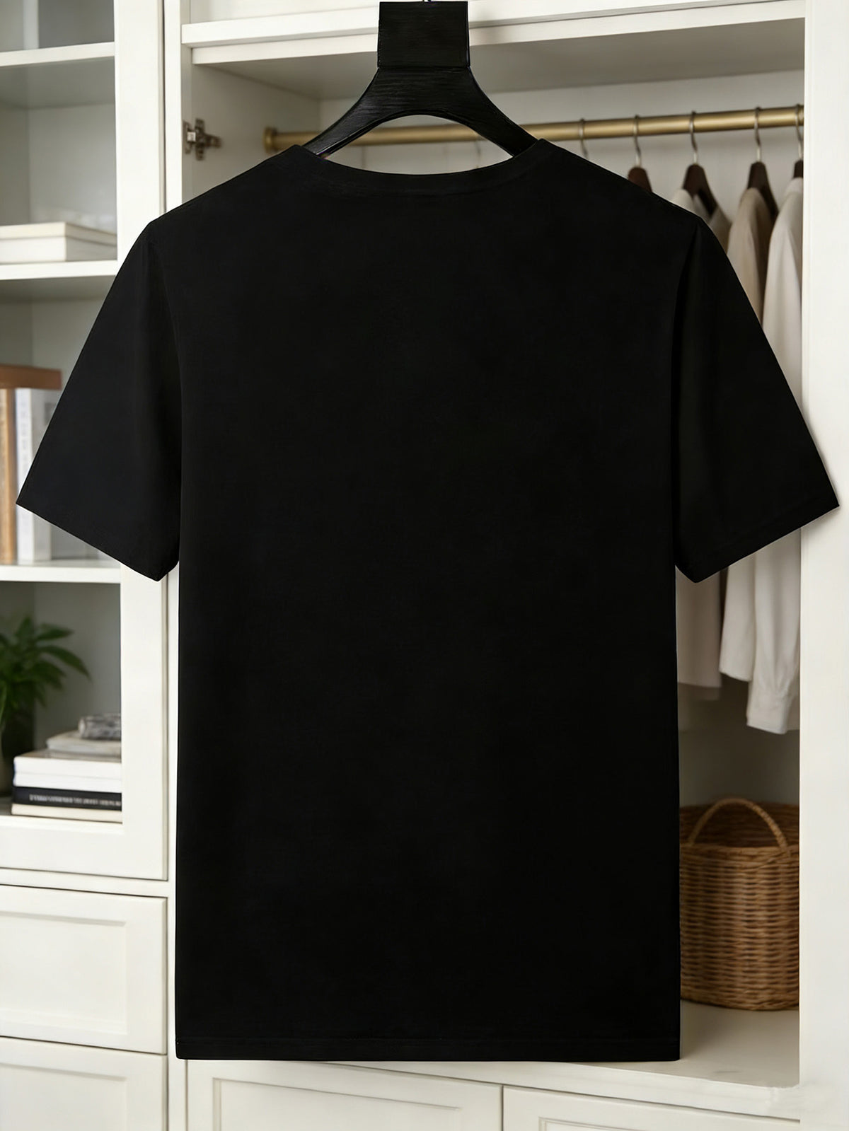 Blue-and-White Floral Vine Chinese Style Print Men's Tee Minimal New Chinese Versatile Loose Breathable Crew Neck Summer Commute Basic Top - Black