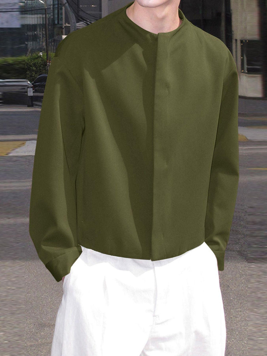 Men Casual Tops Solid Long Sleeve Crew Neck Zip-up Loose Thin Outdoor Formal Work Leisure Shirt, Chinese Size, Please Check The Size Guide Carefully - Olive Green