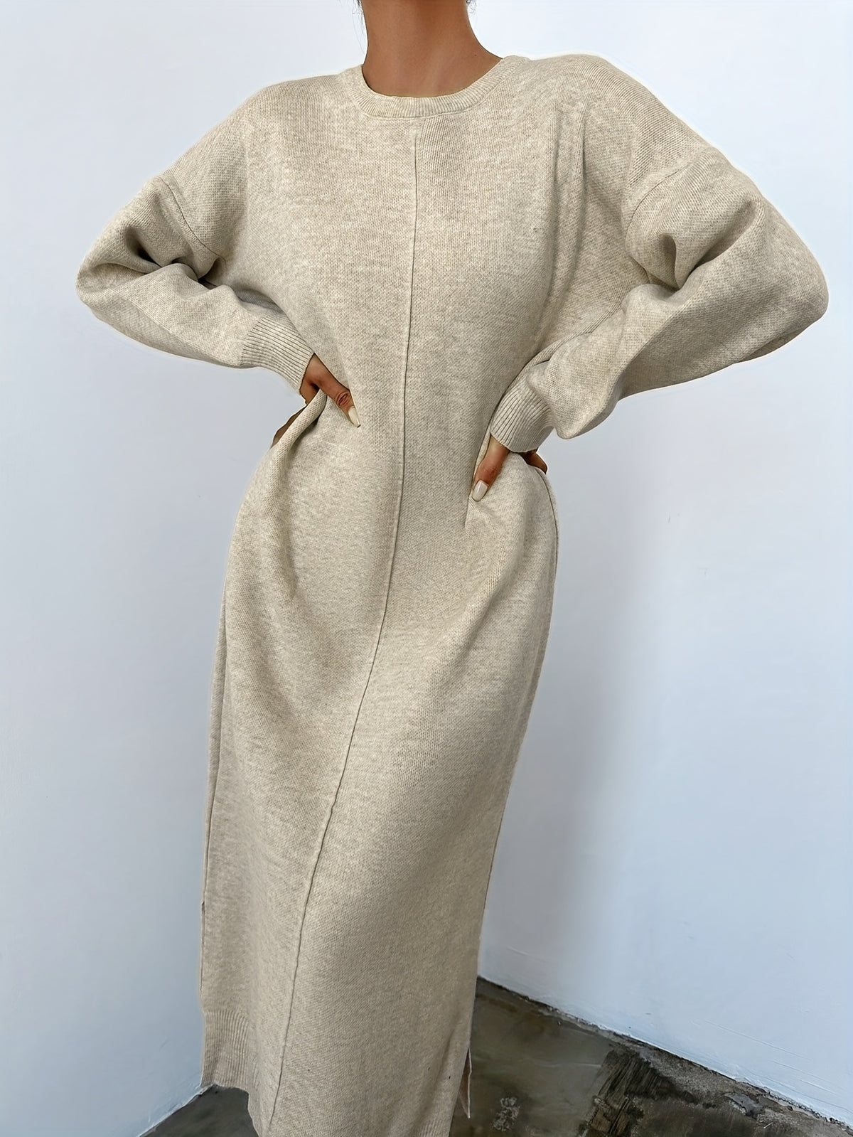 Fabric Dress with Small Round Neck, Long Sleeves, Elegant Loose Straight Cut, Long Length, No Belt (In Stock) - Beige