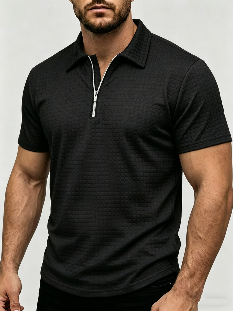 Men's Waffle Knit Half-Zip Polo Shirt, Loose Fit Solid Color Versatile Short Sleeve - Black