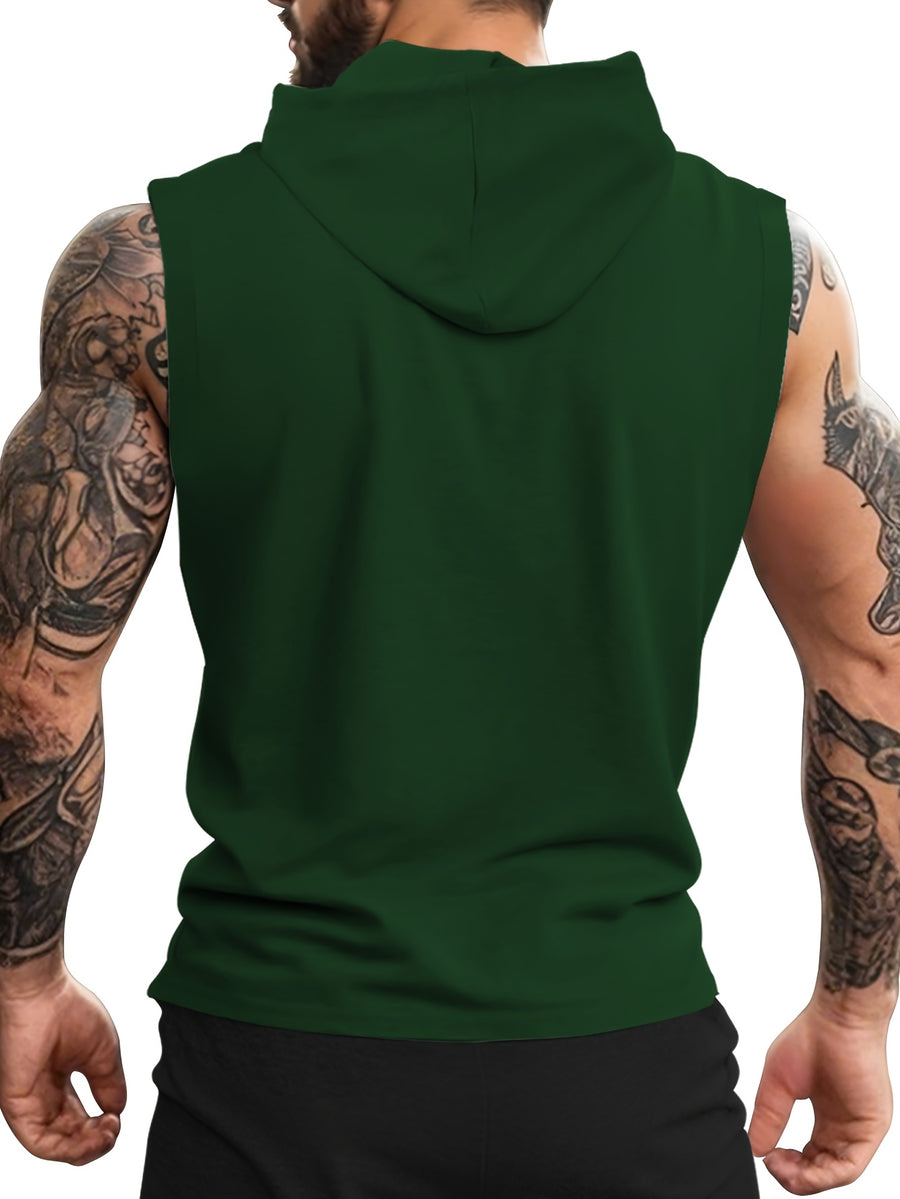 Men's Athletic Hooded Sleeveless Shirt - Gym Workout Top with Hood, Breathable Fabric for Running, Training, Casual Streetwear - Machine Washable Muscle Shirt (Non-Transparent), Workout Clothes, Training Gear, Sporty Design, Comfortable Fit, Performance - Dark Green