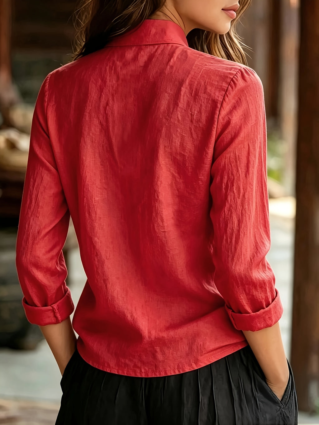 Spring Summer Easy Relaxed New Chinese Style Stand Collar Front Button-Up Long Sleeve Shirt - Red