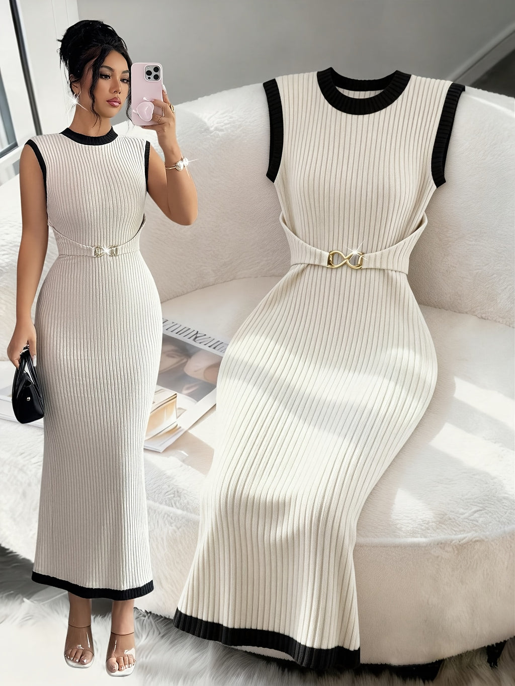 Women'S Spring And Summer Textured Pit Stripe, Elastic Waist-Cinching Dress, Metal Design, Color Block And Patch, Mid-Length Spring And Summer Dress, Apricot Dress, Stylish Casual Dress, Outdoor Wear, Holiday Style, Party Style - Apricot