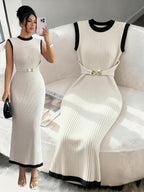 Women'S Spring And Summer Textured Pit Stripe, Elastic Waist-Cinching Dress, Metal Design, Color Block And Patch, Mid-Length Spring And Summer Dress, Apricot Dress, Stylish Casual Dress, Outdoor Wear, Holiday Style, Party Style - Apricot
