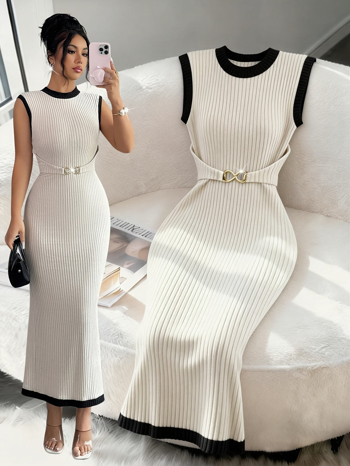 Women'S Spring And Summer Textured Pit Stripe, Elastic Waist-Cinching Dress, Metal Design, Color Block And Patch, Mid-Length Spring And Summer Dress, Apricot Dress, Stylish Casual Dress, Outdoor Wear, Holiday Style, Party Style - Apricot