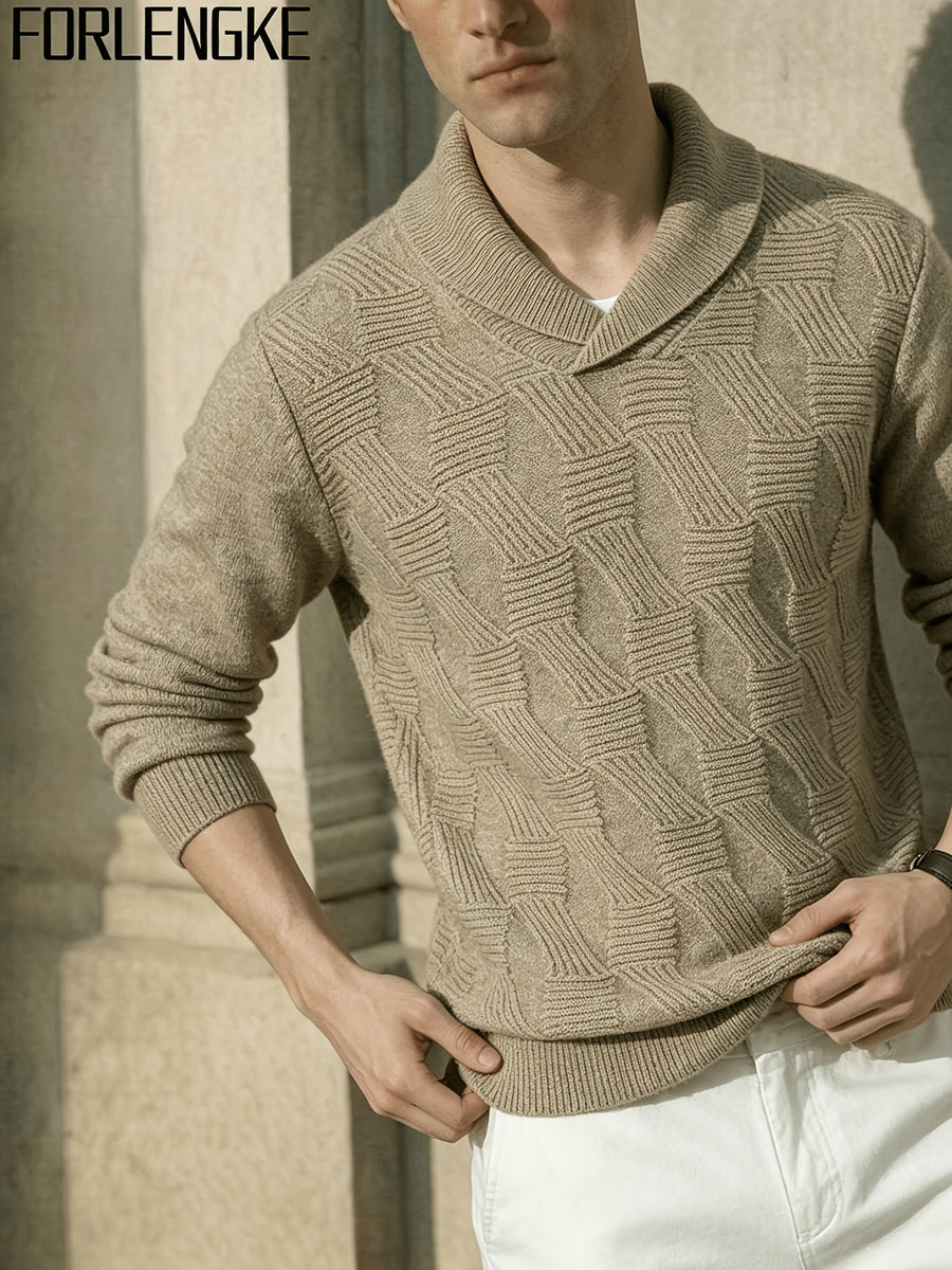 FORLENGKE Men'S Business Casual Shawl Collar Geometric Textured Knit Sweater, Soft Warm Long Sleeve Pullover for Fall Winter Office Daily Wear - Khaki