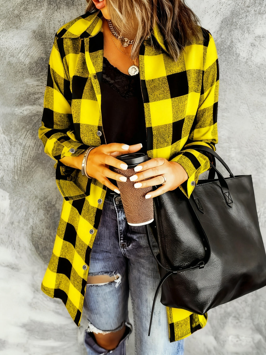 Elegant Women's Long Plaid Shirt with a Lapel Front Button- Collar, Featuring Exquisite Buttons and a Beautiful Twill Breathable Fabric, Perfect for Daily Outings and Outdoor Leisure in Spring and Autumn - Huang Haige