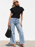 Retro Style Women'S Mid-Waist Frayed Tassel Wide-Leg Jeans, Stretch Washed Loose All-Match Denim Trousers - Light Blue
