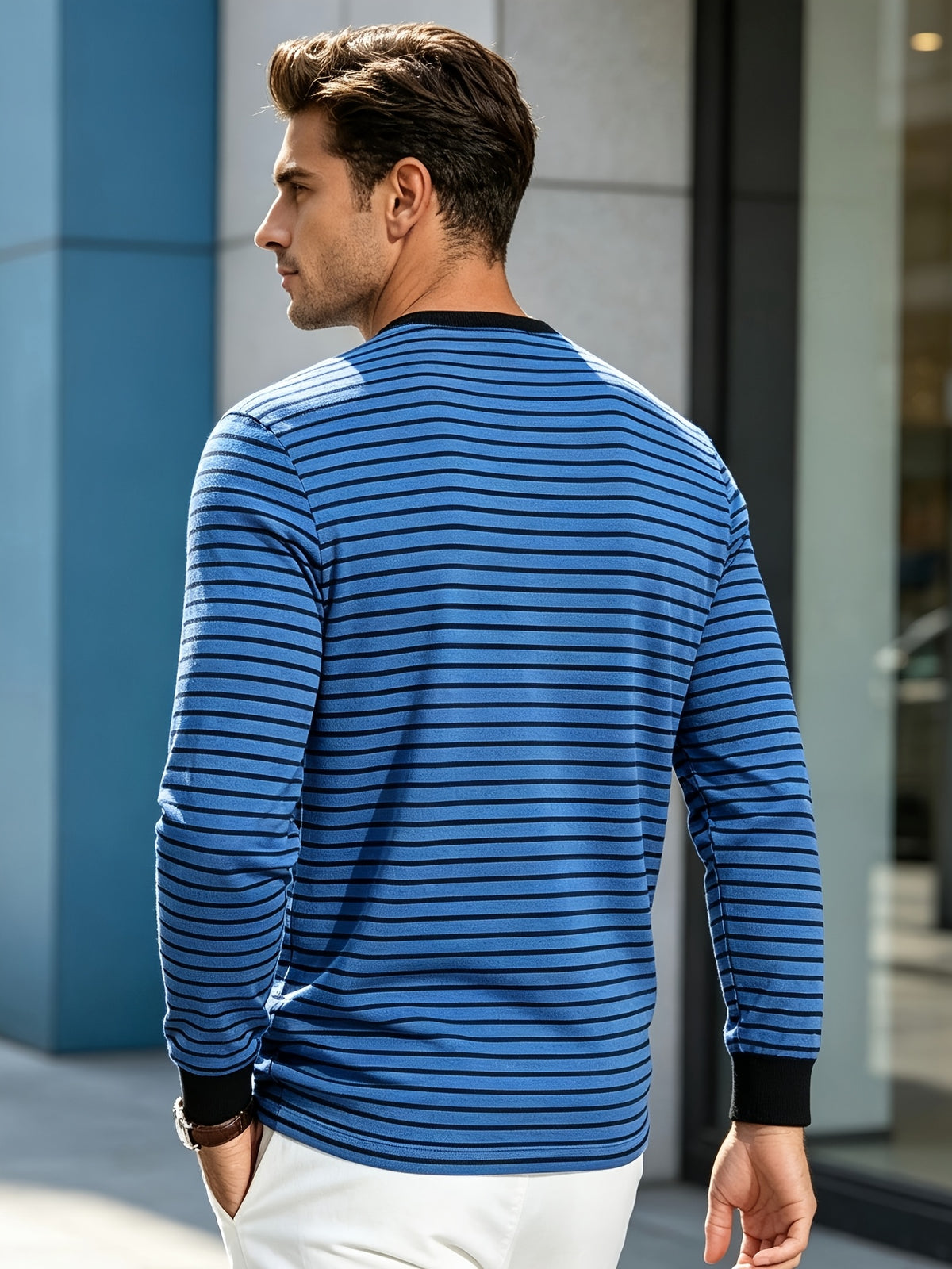 New Men's Striped Henley Neck Long Sleeve T-Shirt, Contrast Color Placket Button Casual Slim Fit Base Layer Top for Spring and Autumn - Royal Blue