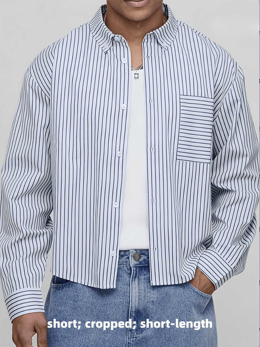 Men's Short Striped Casual Long-Sleeve Button- Shirt with Lapel, Suitable for Spring/Autumn Outings, Vacations, and Daily Wear, Men's Fashion Apparel - Grey