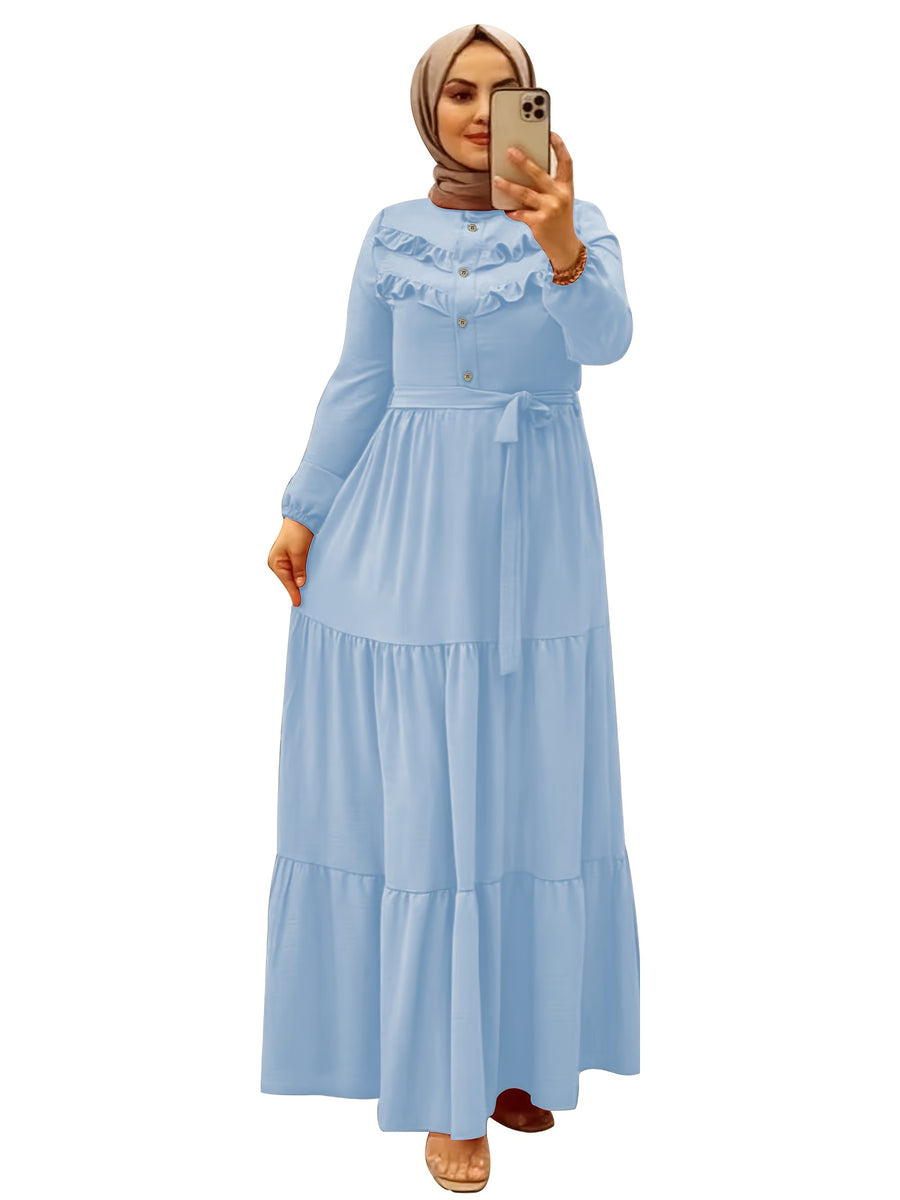 Ladies' Casual Stylish Long Dress with a Belt And Button Design, Featuring a Solid Color, Inspired by Middle Eastern Muslim Fashion (Headscarf Not Included) - Sky Blue