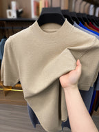 [Wading Whale OBM] 1pc Spring Summer New Men'S Knit Pullover Sweater, Old Money Style Textured Solid Color Short Sleeve T-Shirt, Casual Fashion Thin Breathable Ribbed Pullover Sweater Base Layer Top, Suitable for Spring And Summer Wear - Apricot