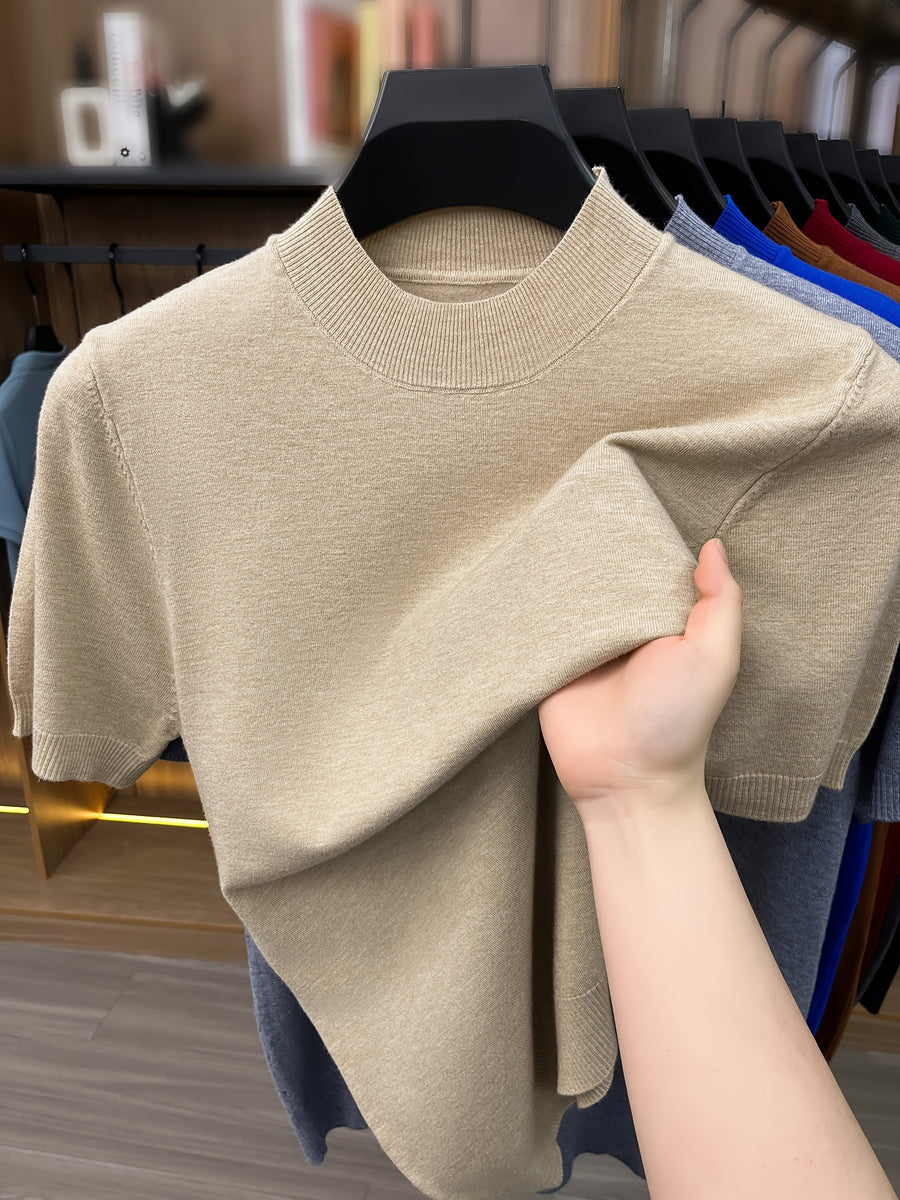 [Wading Whale OBM] 1pc Spring Summer New Men'S Knit Pullover Sweater, Old Money Style Textured Solid Color Short Sleeve T-Shirt, Casual Fashion Thin Breathable Ribbed Pullover Sweater Base Layer Top, Suitable for Spring And Summer Wear - Apricot