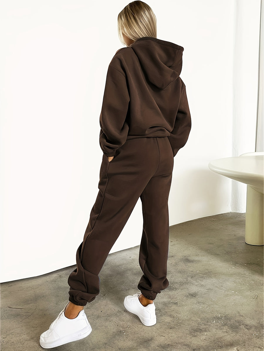 Women'S Casual Long Sleeve Drawstring Letter Bear Print Outfit - Coffee Color