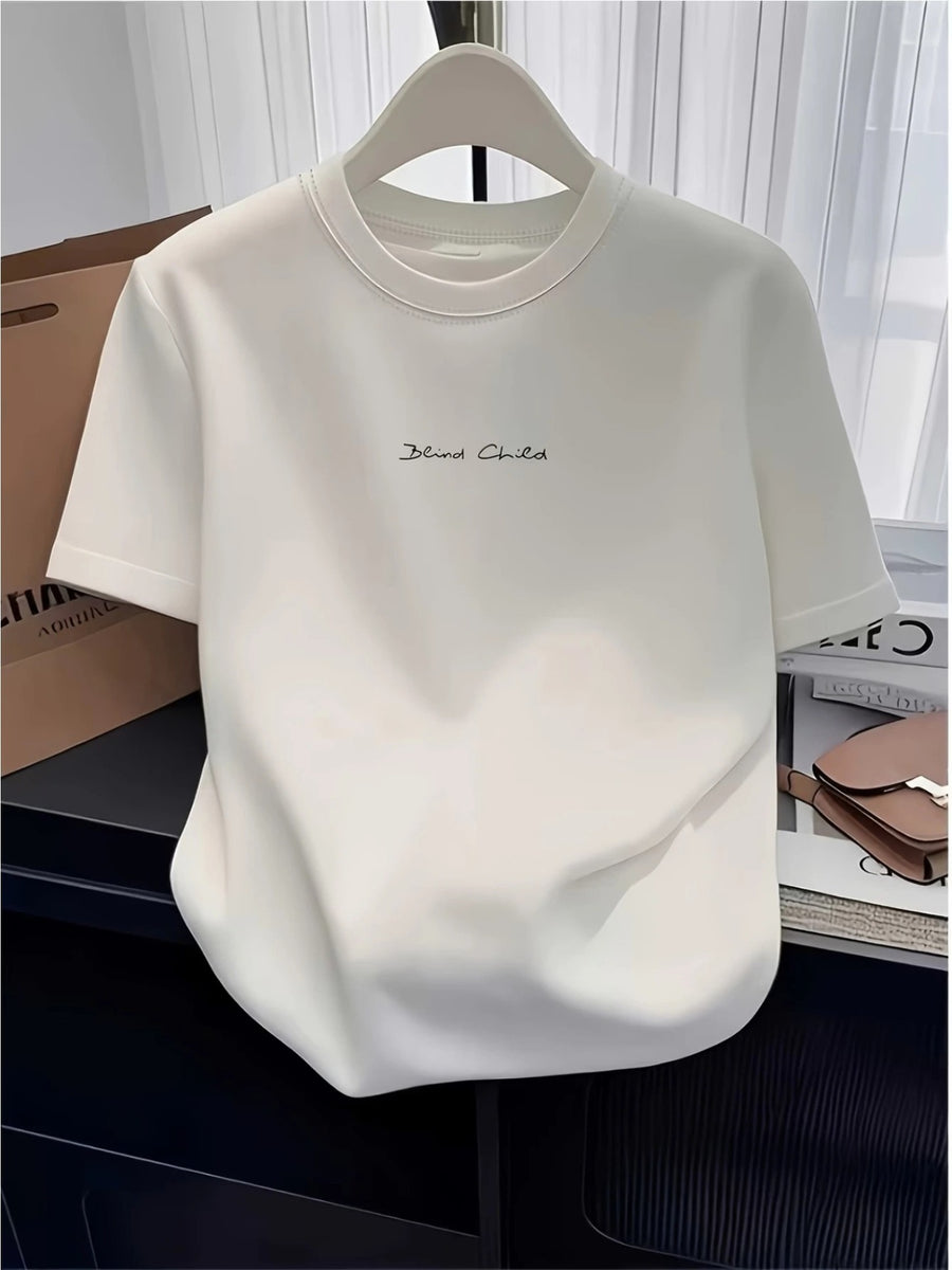 White Printed Casual T-Shirt - Stretchy Round Neck Short Sleeve Top, Suitable for Summer, Machine Washable, Comfortable for Daily Wear, Opaque Material, Stylish And Cool Summer Short Sleeve, Casual Summer T-Shirt - White