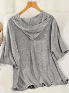 Solid Color Casual Set, Short Sleeve Hooded Top And Drawstring Wrinkle-Free Shorts, Women'S Clothing - Grey