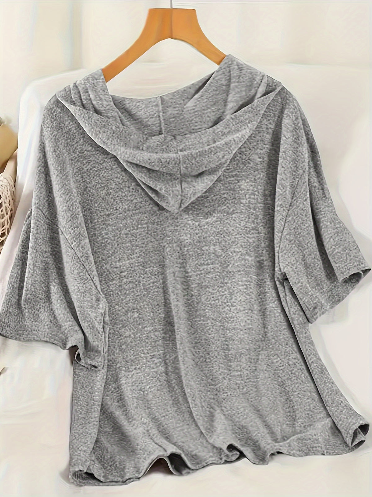 Solid Color Casual Set, Short Sleeve Hooded Top And Drawstring Wrinkle-Free Shorts, Women'S Clothing - Grey