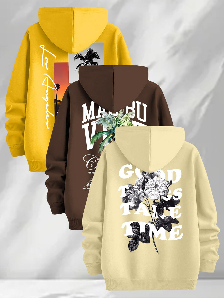 3pcs Trendy Print Sweatshirt, Men's Casual Hooded Sweatshirt, Long-sleeve Pullover, Slightly Stretchy, Knitted Polyester Fabric, Regular Fit Men's Hoodie - Yellow+Coffee+Apricot