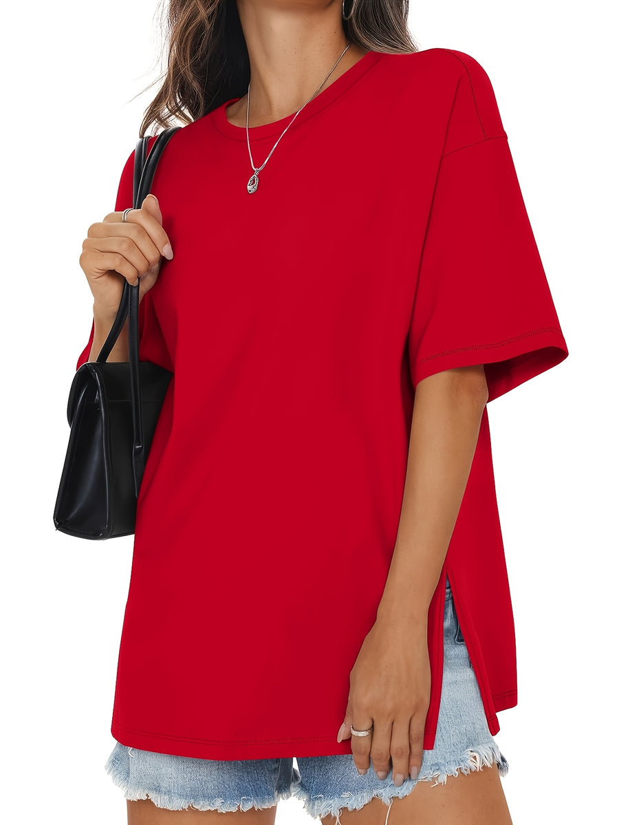 Oversized Women's Comfortable Basic Shirt with Round Neck, Casual Side Slit Top, Fashionable Loose Fit Short Sleeve T-Shirt - Deep Red