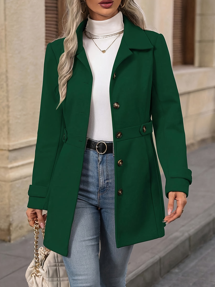Elegant Women's Fashion Tweed Coat, Stylish Waist-Cinching Mid-Length Solid Color New Autumn/Winter Overcoat - Green