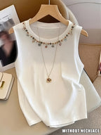 New Autumn/Winter Women's Sleeveless Tank Top with Exquisite Neckline Pendant Embellishment, Simple and Stylish Solid Color Slim-Fit Top, Elegant and Casual Versatile Cool and Breathable Base Layer (Necklace Not Included) - White