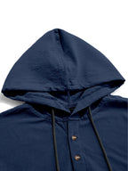 2pcs Men'S Linen-Like Hooded Henley Long Sleeve Sweatshirt Set, Breathable Thin Solid Color Half-Open Placket Casual Pullover Henley Shirt, Soft Comfortable Textured Fabric Fresh And Non-Stuffy, Loose Slimming Versatile Fit - 2pcs【Navy Blue+White】