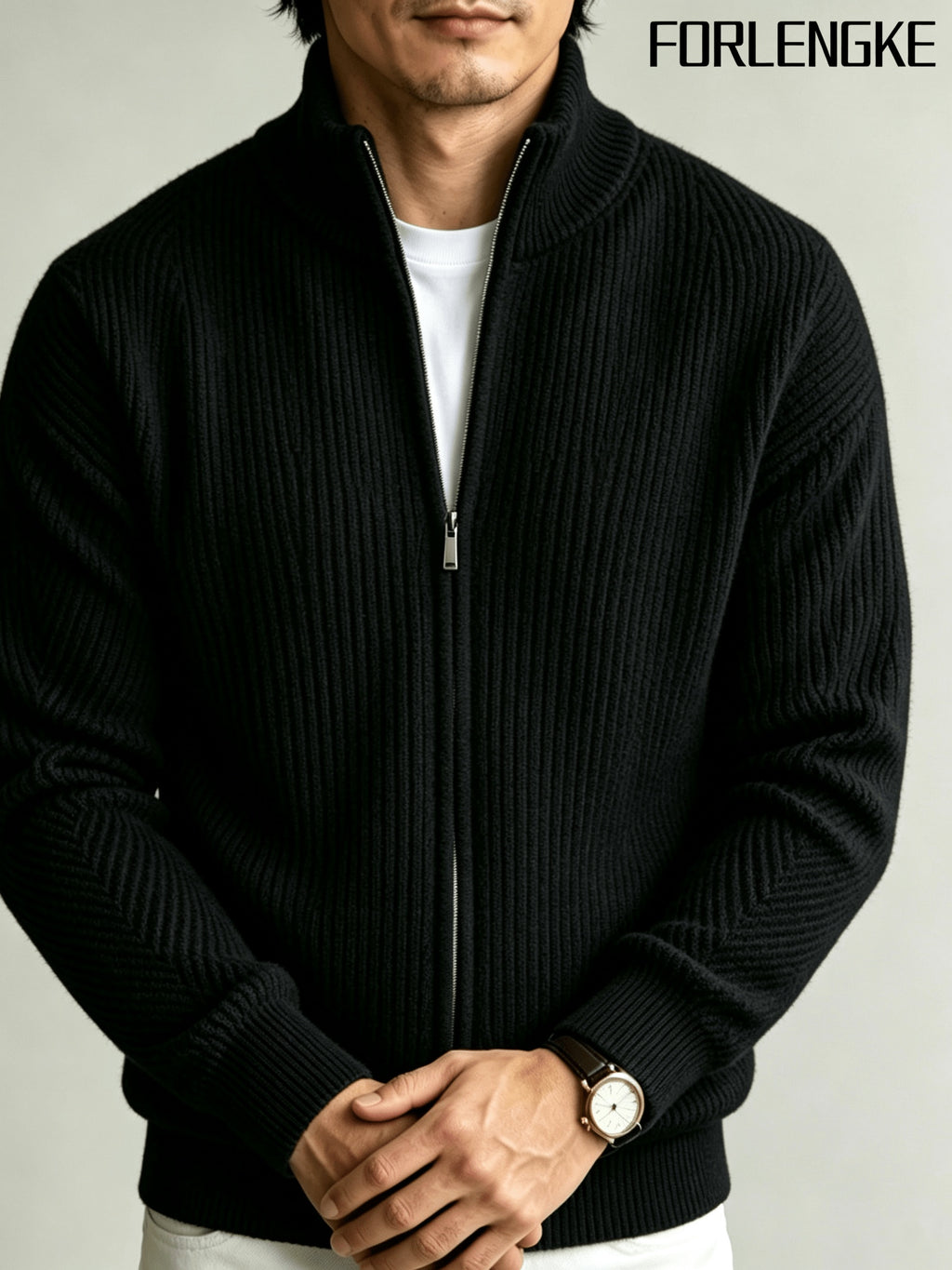 FORLENGKE Men Business Casual Stand Collar Full Zip Ribbed Knit Cardigan, Thick Warm Long Sleeve Sweater Jacket for Fall Winter Office Daily Wear - Black