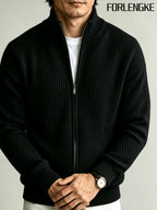 FORLENGKE Men Business Casual Stand Collar Full Zip Ribbed Knit Cardigan, Thick Warm Long Sleeve Sweater Jacket for Fall Winter Office Daily Wear - Black