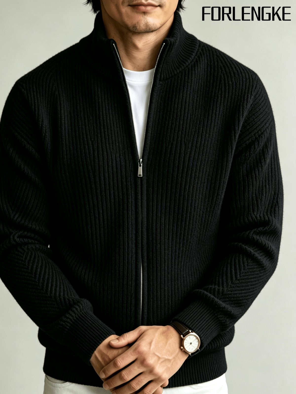 FORLENGKE Men Business Casual Stand Collar Full Zip Ribbed Knit Cardigan, Thick Warm Long Sleeve Sweater Jacket for Fall Winter Office Daily Wear - Black