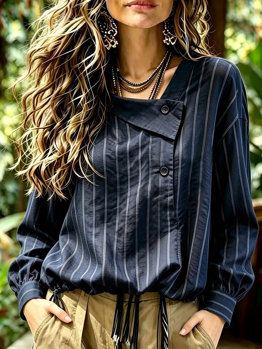 Design-Sense Slanted Buckle Striped Long Sleeve Short Style Temperament Shirt Retro Asymmetrical Collar Top Drawstring Hem Super - Navy Color