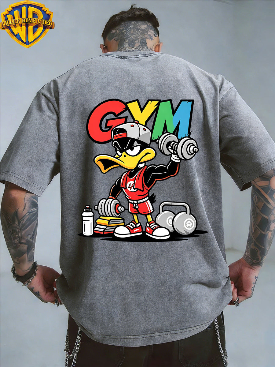 Warner Bros. Officially Authorized Fitness Cartoon Duck Holding Dumbbell Print Retro Washed Distressed Short Sleeve T-Shirt Unisex Machine Washable Daily Commuting Outdoor Sports Casual Top - Grey