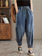 Women'S Autumn Winter Long Pants Plus Size Elastic Waist Drawstring Denim Harem Trousers Women'S Loose Retro Aesthetic Design Statement Waistband Ankle Length - Dark Blue 1