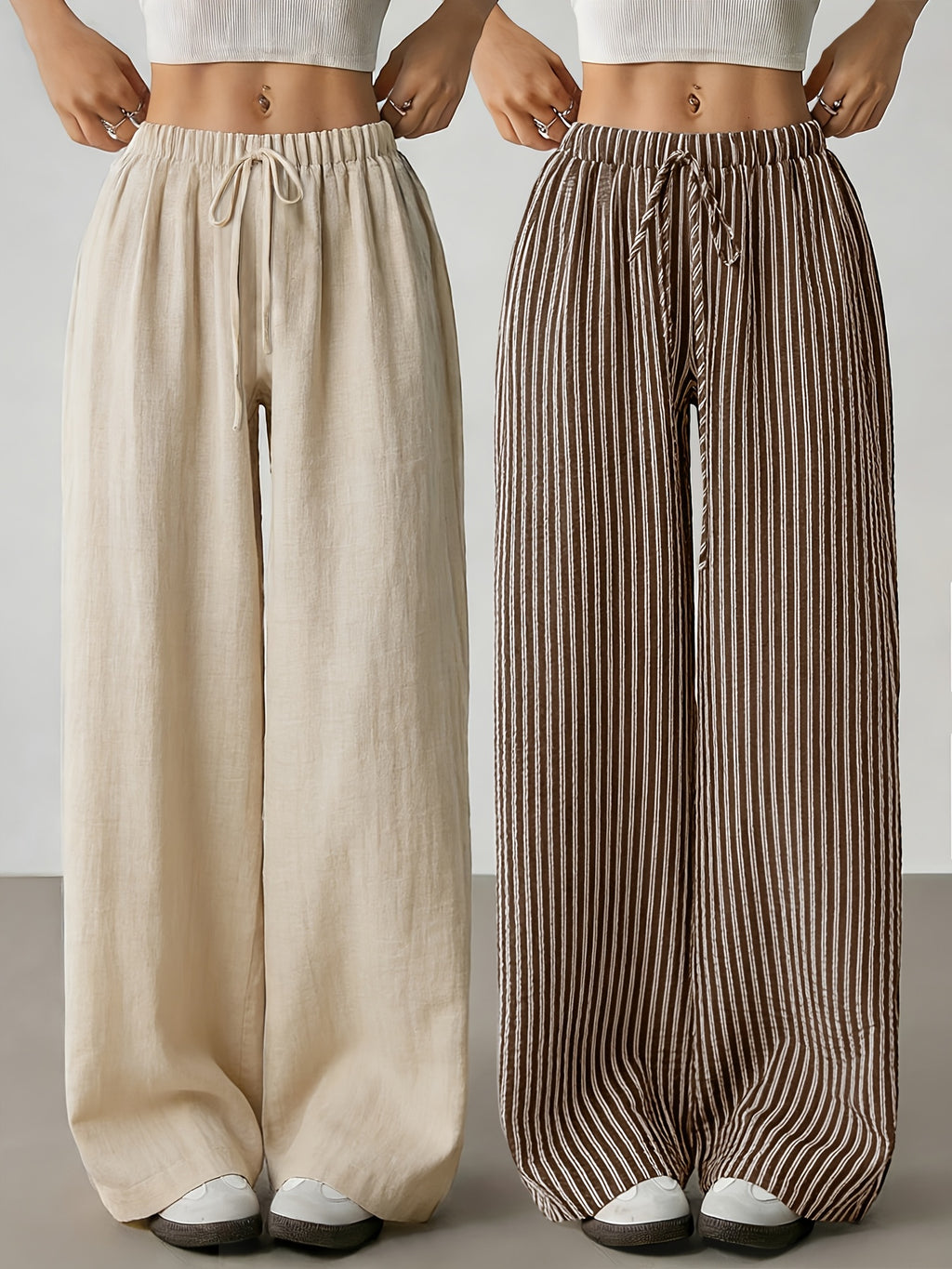 2pcs Summer Women'S New Linen Synthetic Wide-Leg Pants Women'S High-Waist Drapey Loose Vacation Style Straight Casual Trousers Striped Solid Color Drawstring Floor-Length Pants Commute All-Match Women'S Trousers - Apricot color + coffee stripes