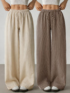 2pcs Summer Women'S New Linen Synthetic Wide-Leg Pants Women'S High-Waist Drapey Loose Vacation Style Straight Casual Trousers Striped Solid Color Drawstring Floor-Length Pants Commute All-Match Women'S Trousers - Apricot color + coffee stripes