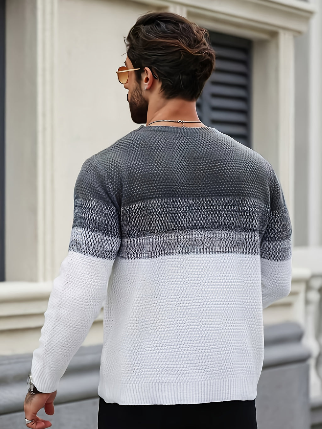 JANE DRESSINGLOG Men's Autumn/Winter Gradient Color Block Design Trendy Knit Pullover, Men's Contrast Color Knit Sweater - Gray White
