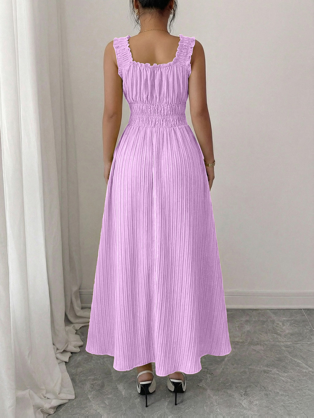 Women'S Spring Summer New Temperament Elegant Solid Texture Fabric Square Neck Tie-Belt A-Line Dress - Light Purple