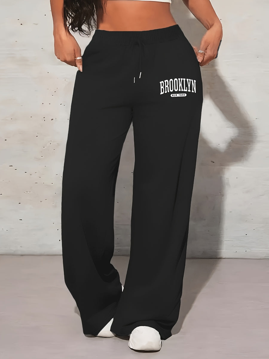 BROOKLYN NEW YORK Printed Belted Pants, Casual Long Jogging Pants with Pockets for Spring, Summer, Autumn, Women'S Wear - Black
