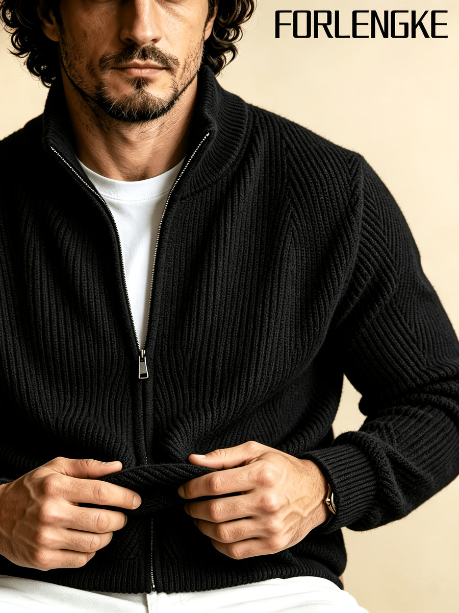 FORLENGKE Men Business Casual Stand Collar Full Zip Ribbed Knit Cardigan, Thick Warm Long Sleeve Sweater Jacket for Fall Winter Office Daily Wear - Black