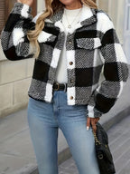 +2025 Autumn/Winter Women's Three-Color Buffalo Plaid Print Short Jacket, Elegant Button-Up Short Faux Coat for Women - Black