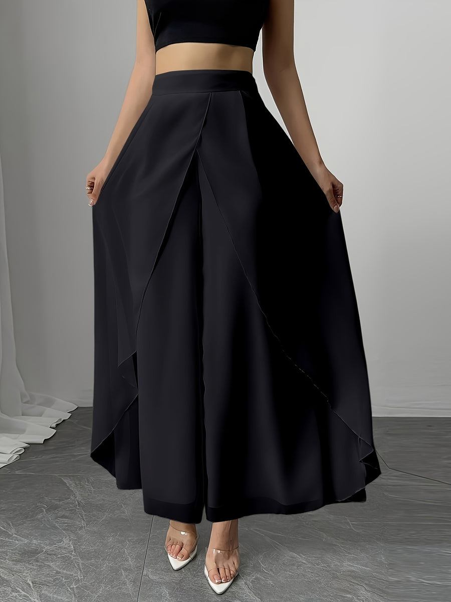 Women's Wide-Leg Pants, Simple Loose Long Pants, Flowing and Lightweight, Casual Elegant Style - Black