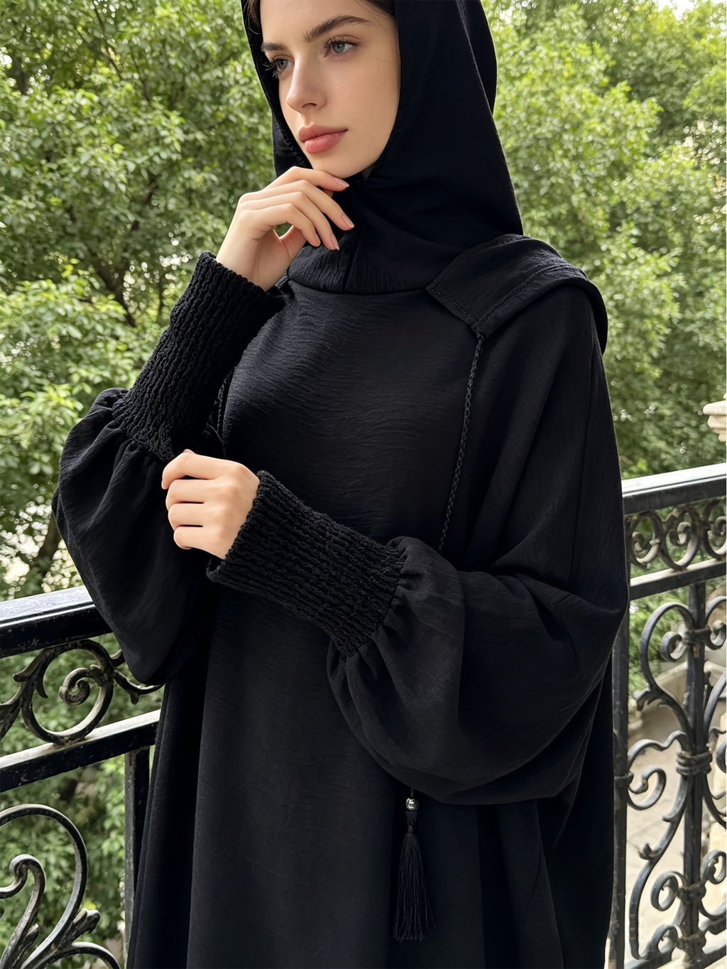 Plus Size - 1pc Women'S Hooded Double-Layer Abaya Dress, Casual Loose Breathable Prayer Robe, Suitable for Daily Wear Or Gifting - Black