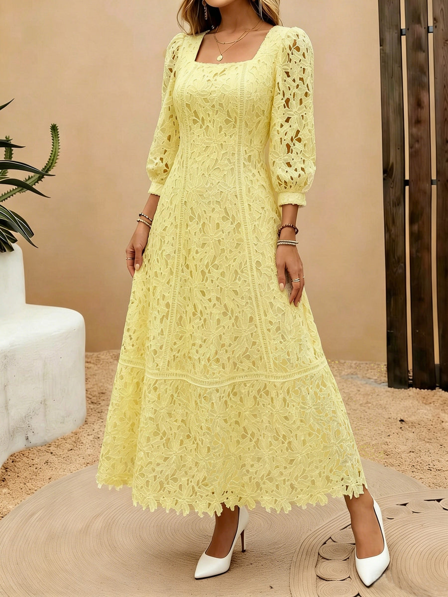 Heavy-Handcrafted French Lace Maxi Dress, Stylish Square Neck with Exquisite Cutout Lace, Elegant And, Ideal for Daily Commute And Dates NIANNIAN Women'S Wear - Yellow