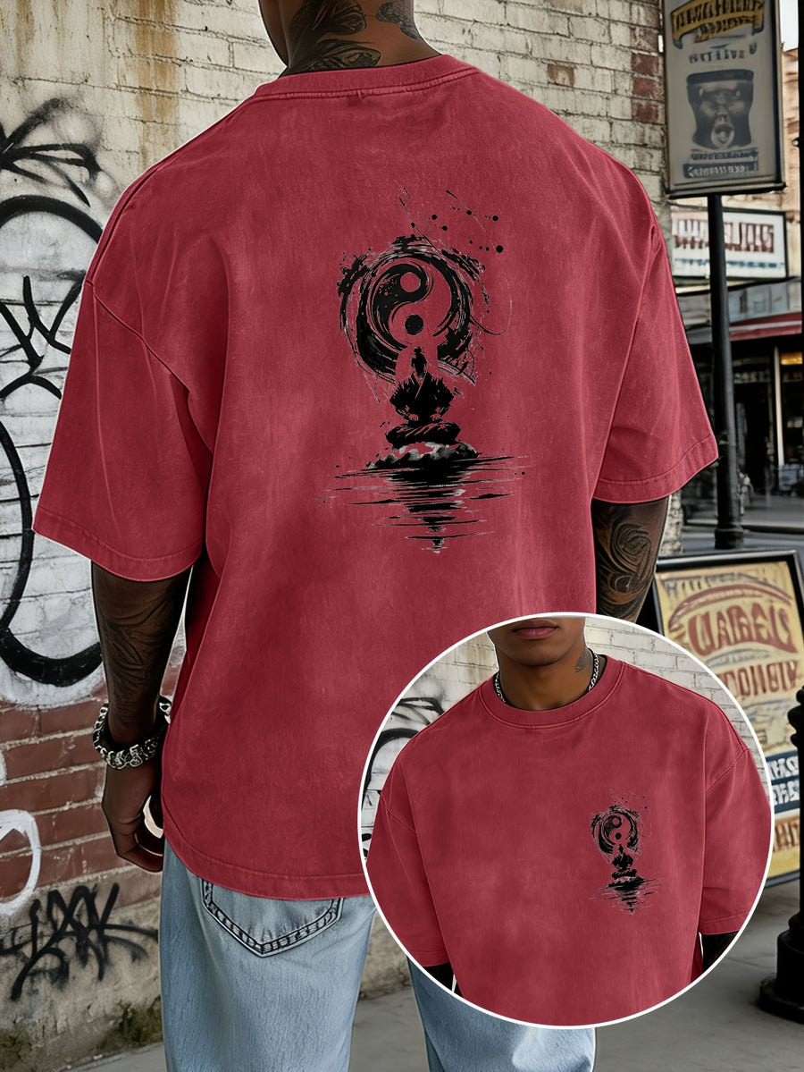 Washed and Distressed Pure Cotton Short-sleeve T-shirt with Trendy Double-sided Print Featuring Tai Chi, Zen, and Meditating Ink Wash Art. Available in 12 Colors for Mix-and-match Styling. Loose-fit Men's Top in High Street Y2K Style - Red