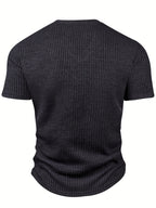 Men'S Fashion Top for Spring And Summer, Outdoor Casual Textured Ribbed Fabric, V-Neck Short-Sleeve Henley Shirt - Black