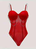 Sexy low-cut backless underwire chain skinny perspective bodysuit - Red