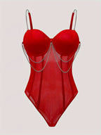 Sexy low-cut backless underwire chain skinny perspective bodysuit - Red
