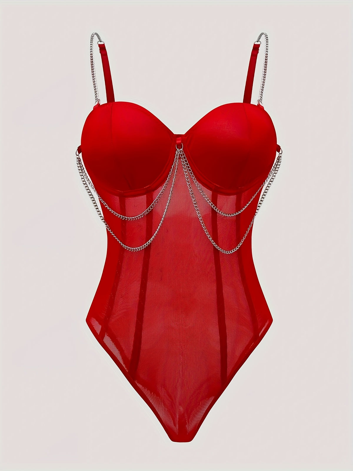 Sexy low-cut backless underwire chain skinny perspective bodysuit - Red