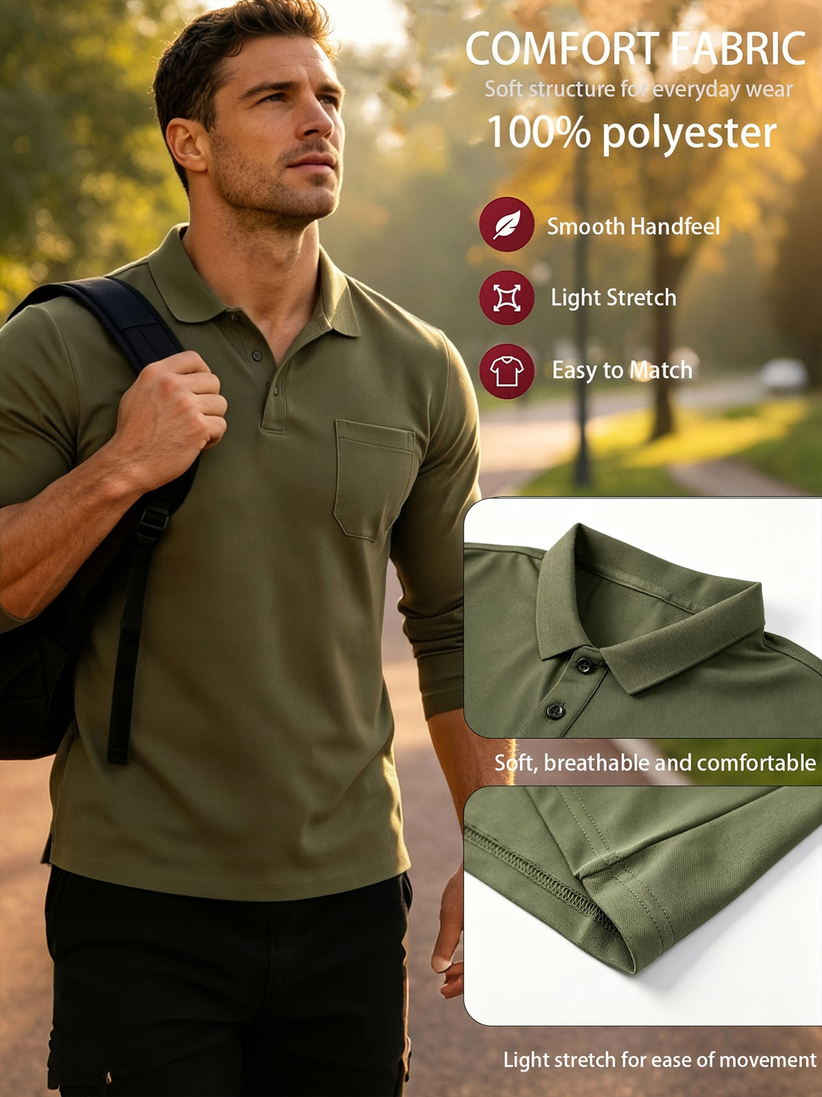 2pcs Men'S Long Sleeve Polo Shirt with Chest Pocket Design, Soft, Smooth, Wrinkle-Resistant And Casual Button Neck T-Shirt, Suitable for Spring And Autumn Wear, Lightweight Daily Commuting, Outdoor Sports, Business Basic Clothing - Black+Green